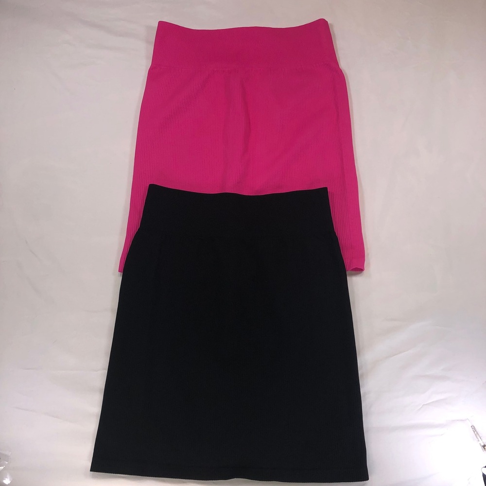 OQQ Ribbed Mini Skirts Set of 2 Pink Black High Waisted Seamless Bodycon Large